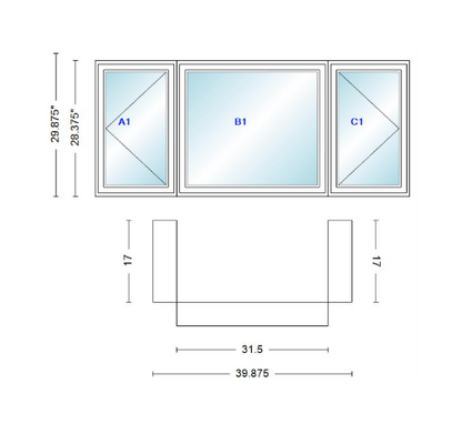 Andersen 400 Series Casement Bay Window Left-Stationary-Right 39 7/8" Wide Casement With Casement Flankers 90 Degree Angle Of Deflection Vinyl Exterior Wood Interior Low-E4 Dual Pane Argon Gas