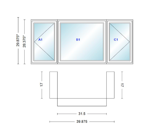 Andersen 400 Series Casement Bay Window Left-Stationary-Right 39 7/8" Wide Casement With Casement Flankers 90 Degree Angle Of Deflection Vinyl Exterior Wood Interior Low-E4 Dual Pane Argon Gas