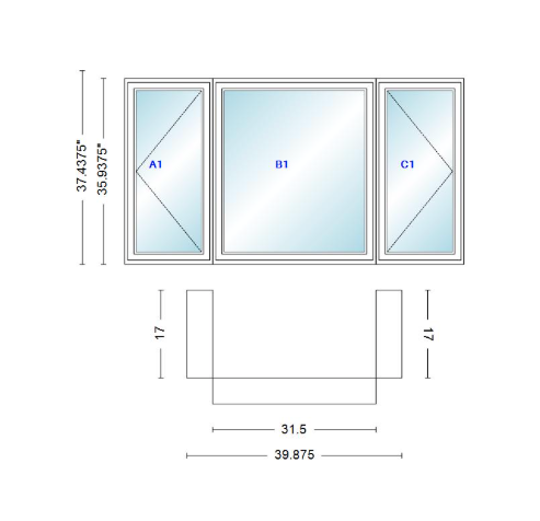 Andersen 400 Series Casement Bay Window Left-Stationary-Right 39 7/8" Wide Casement With Casement Flankers 90 Degree Angle Of Deflection Vinyl Exterior Wood Interior Low-E4 Dual Pane Argon Gas