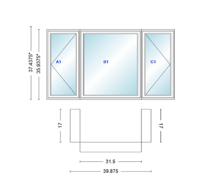 Andersen 400 Series Casement Bay Window Left-Stationary-Right 39 7/8" Wide Casement With Casement Flankers 90 Degree Angle Of Deflection Vinyl Exterior Wood Interior Low-E4 Dual Pane Argon Gas