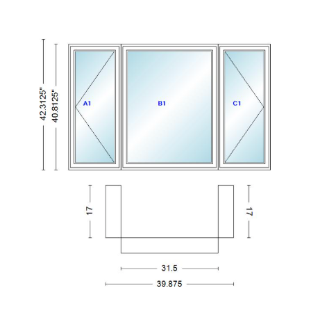 Andersen 400 Series Casement Bay Window Left-Stationary-Right 39 7/8" Wide Casement With Casement Flankers 90 Degree Angle Of Deflection Vinyl Exterior Wood Interior Low-E4 Dual Pane Argon Gas
