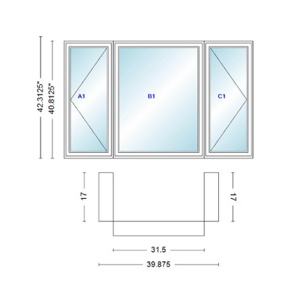 Andersen 400 Series Casement Bay Window Left-Stationary-Right 39 7/8" Wide Casement With Casement Flankers 90 Degree Angle Of Deflection Vinyl Exterior Wood Interior Low-E4 Dual Pane Argon Gas