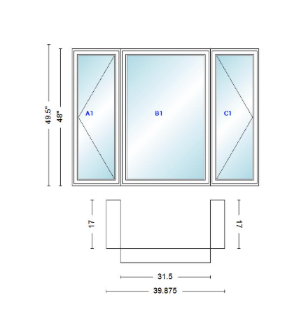 Andersen 400 Series Casement Bay Window Left-Stationary-Right 39 7/8" Wide Casement With Casement Flankers 90 Degree Angle Of Deflection Vinyl Exterior Wood Interior Low-E4 Dual Pane Argon Gas