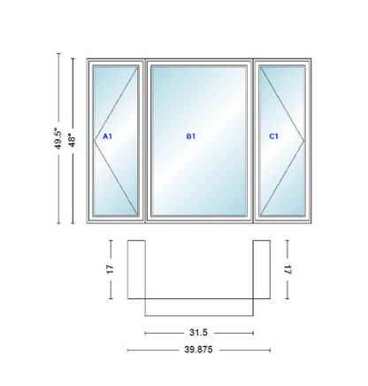 Andersen 400 Series Casement Bay Window Left-Stationary-Right 39 7/8" Wide Casement With Casement Flankers 90 Degree Angle Of Deflection Vinyl Exterior Wood Interior Low-E4 Dual Pane Argon Gas