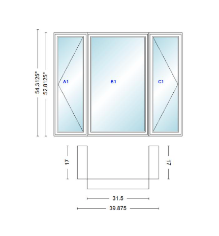 Andersen 400 Series Casement Bay Window Left-Stationary-Right 39 7/8" Wide Casement With Casement Flankers 90 Degree Angle Of Deflection Vinyl Exterior Wood Interior Low-E4 Dual Pane Argon Gas
