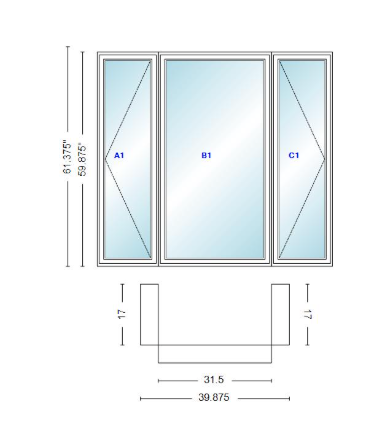 Andersen 400 Series Casement Bay Window Left-Stationary-Right 39 7/8" Wide Casement With Casement Flankers 90 Degree Angle Of Deflection Vinyl Exterior Wood Interior Low-E4 Dual Pane Argon Gas