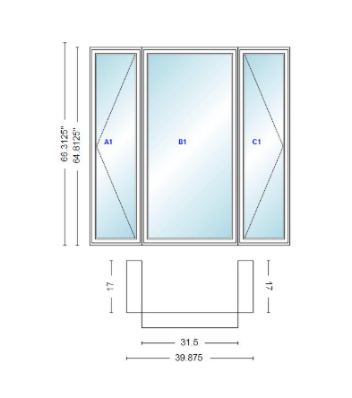 Andersen 400 Series Casement Bay Window Left-Stationary-Right 39 7/8" Wide Casement With Casement Flankers 90 Degree Angle Of Deflection Vinyl Exterior Wood Interior Low-E4 Dual Pane Argon Gas