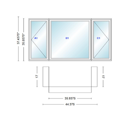 Andersen 400 Series Casement Bay Window Left-Stationary-Right 44 3/8" Wide Casement With Casement Flankers 90 Degree Angle Of Deflection Vinyl Exterior Wood Interior Low-E4 Dual Pane Argon Gas