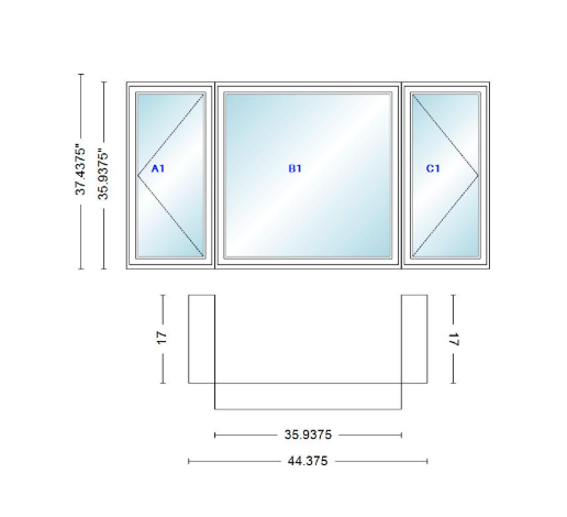 Andersen 400 Series Casement Bay Window Left-Stationary-Right 44 3/8" Wide Casement With Casement Flankers 90 Degree Angle Of Deflection Vinyl Exterior Wood Interior Low-E4 Dual Pane Argon Gas