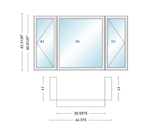 Andersen 400 Series Casement Bay Window Left-Stationary-Right 44 3/8" Wide Casement With Casement Flankers 90 Degree Angle Of Deflection Vinyl Exterior Wood Interior Low-E4 Dual Pane Argon Gas