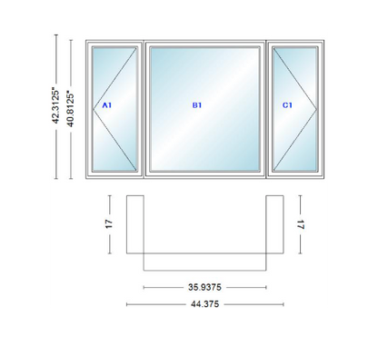 Andersen 400 Series Casement Bay Window Left-Stationary-Right 44 3/8" Wide Casement With Casement Flankers 90 Degree Angle Of Deflection Vinyl Exterior Wood Interior Low-E4 Dual Pane Argon Gas