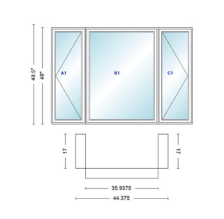 Andersen 400 Series Casement Bay Window Left-Stationary-Right 44 3/8" Wide Casement With Casement Flankers 90 Degree Angle Of Deflection Vinyl Exterior Wood Interior Low-E4 Dual Pane Argon Gas