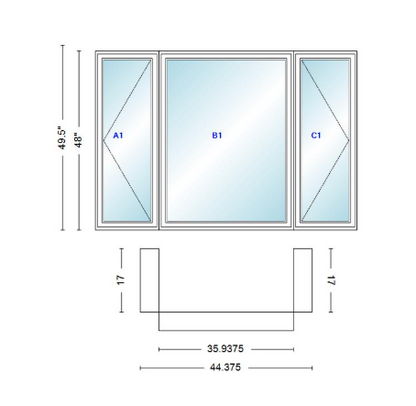 Andersen 400 Series Casement Bay Window Left-Stationary-Right 44 3/8" Wide Casement With Casement Flankers 90 Degree Angle Of Deflection Vinyl Exterior Wood Interior Low-E4 Dual Pane Argon Gas