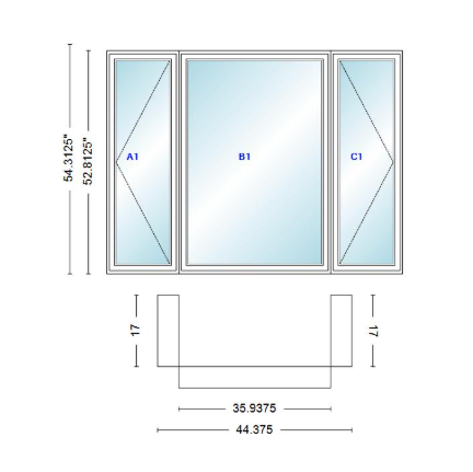 Andersen 400 Series Casement Bay Window Left-Stationary-Right 44 3/8" Wide Casement With Casement Flankers 90 Degree Angle Of Deflection Vinyl Exterior Wood Interior Low-E4 Dual Pane Argon Gas