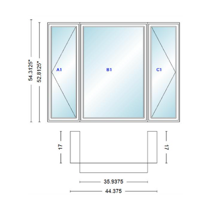 Andersen 400 Series Casement Bay Window Left-Stationary-Right 44 3/8" Wide Casement With Casement Flankers 90 Degree Angle Of Deflection Vinyl Exterior Wood Interior Low-E4 Dual Pane Argon Gas