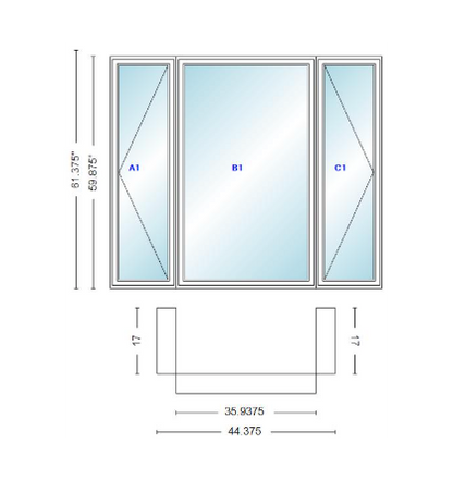 Andersen 400 Series Casement Bay Window Left-Stationary-Right 44 3/8" Wide Casement With Casement Flankers 90 Degree Angle Of Deflection Vinyl Exterior Wood Interior Low-E4 Dual Pane Argon Gas