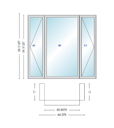 Andersen 400 Series Casement Bay Window Left-Stationary-Right 44 3/8" Wide Casement With Casement Flankers 90 Degree Angle Of Deflection Vinyl Exterior Wood Interior Low-E4 Dual Pane Argon Gas