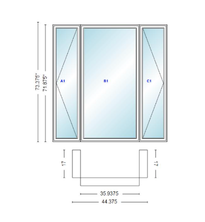 Andersen 400 Series Casement Bay Window Left-Stationary-Right 44 3/8" Wide Casement With Casement Flankers 90 Degree Angle Of Deflection Vinyl Exterior Wood Interior Low-E4 Dual Pane Argon Gas