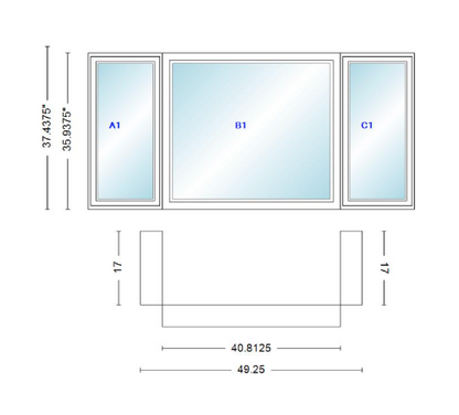 Andersen 400 Series Casement Bay Window Left-Stationary-Right 49 1/4" Wide Picture With Casement Flankers 90 Degree Angle Of Deflection Vinyl Exterior Wood Interior Low-E4 Dual Pane Argon Gas