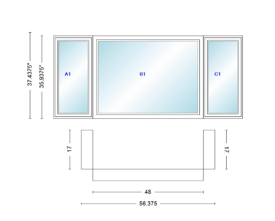 Andersen 400 Series Casement Bay Window Left-Stationary-Right 56 3/8" Wide Picture With Casement Flankers 90 Degree Angle Of Deflection Vinyl Exterior Wood Interior Low-E4 Dual Pane Argon Gas