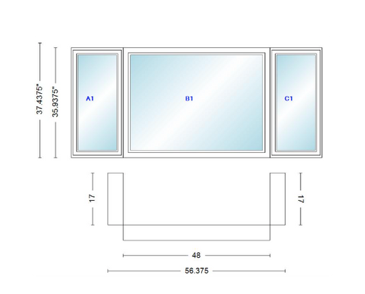 Andersen 400 Series Casement Bay Window Left-Stationary-Right 56 3/8" Wide Picture With Casement Flankers 90 Degree Angle Of Deflection Vinyl Exterior Wood Interior Low-E4 Dual Pane Argon Gas