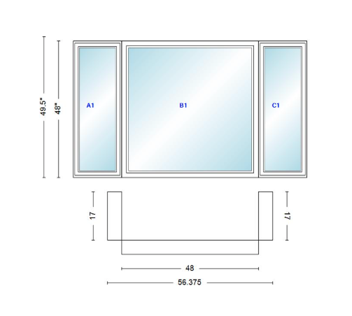 Andersen 400 Series Casement Bay Window Left-Stationary-Right 56 3/8" Wide Picture With Casement Flankers 90 Degree Angle Of Deflection Vinyl Exterior Wood Interior Low-E4 Dual Pane Argon Gas