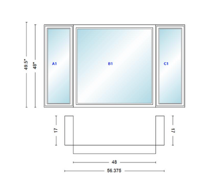 Andersen 400 Series Casement Bay Window Left-Stationary-Right 56 3/8" Wide Picture With Casement Flankers 90 Degree Angle Of Deflection Vinyl Exterior Wood Interior Low-E4 Dual Pane Argon Gas