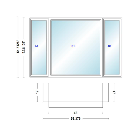 Andersen 400 Series Casement Bay Window Left-Stationary-Right 56 3/8" Wide Picture With Casement Flankers 90 Degree Angle Of Deflection Vinyl Exterior Wood Interior Low-E4 Dual Pane Argon Gas