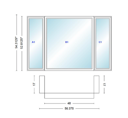 Andersen 400 Series Casement Bay Window Left-Stationary-Right 56 3/8" Wide Picture With Casement Flankers 90 Degree Angle Of Deflection Vinyl Exterior Wood Interior Low-E4 Dual Pane Argon Gas