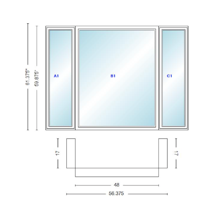 Andersen 400 Series Casement Bay Window Left-Stationary-Right 56 3/8" Wide Picture With Casement Flankers 90 Degree Angle Of Deflection Vinyl Exterior Wood Interior Low-E4 Dual Pane Argon Gas