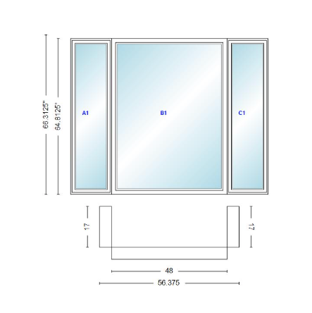 Andersen 400 Series Casement Bay Window Left-Stationary-Right 56 3/8" Wide Picture With Casement Flankers 90 Degree Angle Of Deflection Vinyl Exterior Wood Interior Low-E4 Dual Pane Argon Gas