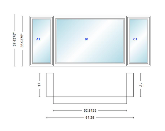 Andersen 400 Series Casement Bay Window Left-Stationary-Right 61 1/4" Wide Picture With Casement Flankers 90 Degree Angle Of Deflection Vinyl Exterior Wood Interior Low-E4 Dual Pane Argon Gas