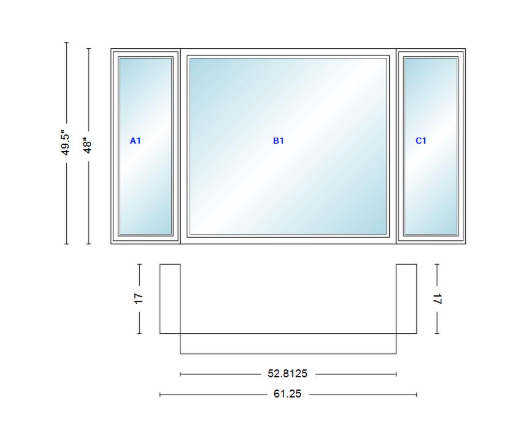Andersen 400 Series Casement Bay Window Left-Stationary-Right 61 1/4" Wide Picture With Casement Flankers 90 Degree Angle Of Deflection Vinyl Exterior Wood Interior Low-E4 Dual Pane Argon Gas