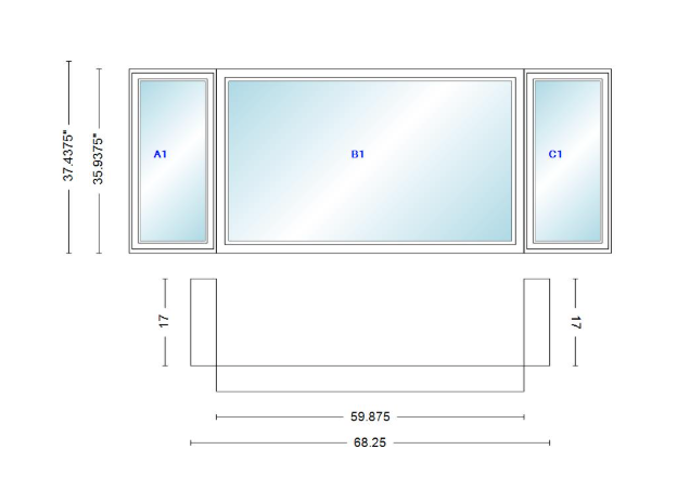Andersen 400 Series Casement Bay Window Left-Stationary-Right 68 1/4" Wide Picture With Casement Flankers 90 Degree Angle Of Deflection Vinyl Exterior Wood Interior Low-E4 Dual Pane Argon Gas