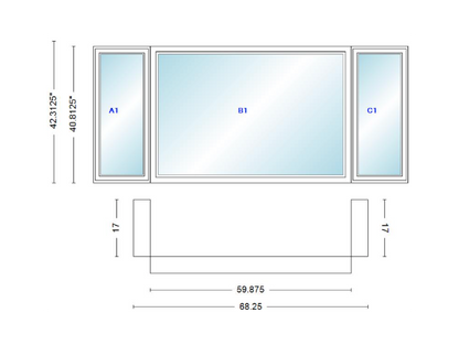 Andersen 400 Series Casement Bay Window Left-Stationary-Right 68 1/4" Wide Picture With Casement Flankers 90 Degree Angle Of Deflection Vinyl Exterior Wood Interior Low-E4 Dual Pane Argon Gas