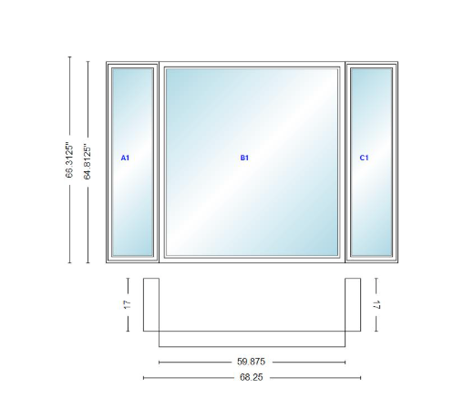 Andersen 400 Series Casement Bay Window Left-Stationary-Right 68 1/4" Wide Picture With Casement Flankers 90 Degree Angle Of Deflection Vinyl Exterior Wood Interior Low-E4 Dual Pane Argon Gas