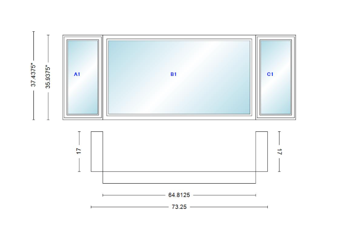 Andersen 400 Series Casement Bay Window Left-Stationary-Right 73 1/4" Wide Picture With Casement Flankers 90 Degree Angle Of Deflection Vinyl Exterior Wood Interior Low-E4 Dual Pane Argon Gas