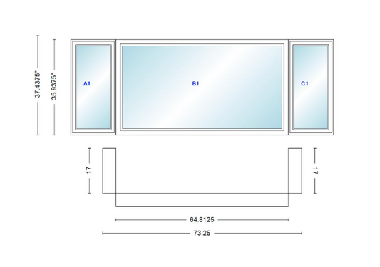 Andersen 400 Series Casement Bay Window Left-Stationary-Right 73 1/4" Wide Picture With Casement Flankers 90 Degree Angle Of Deflection Vinyl Exterior Wood Interior Low-E4 Dual Pane Argon Gas