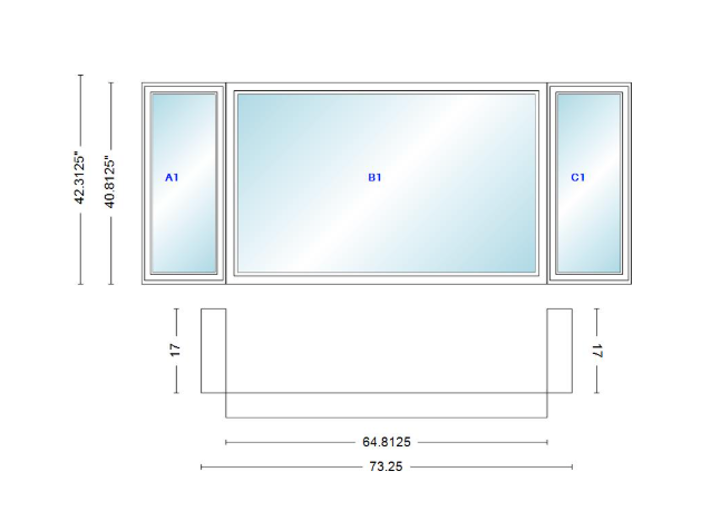 Andersen 400 Series Casement Bay Window Left-Stationary-Right 73 1/4" Wide Picture With Casement Flankers 90 Degree Angle Of Deflection Vinyl Exterior Wood Interior Low-E4 Dual Pane Argon Gas