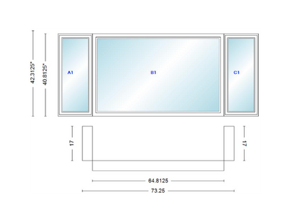Andersen 400 Series Casement Bay Window Left-Stationary-Right 73 1/4" Wide Picture With Casement Flankers 90 Degree Angle Of Deflection Vinyl Exterior Wood Interior Low-E4 Dual Pane Argon Gas