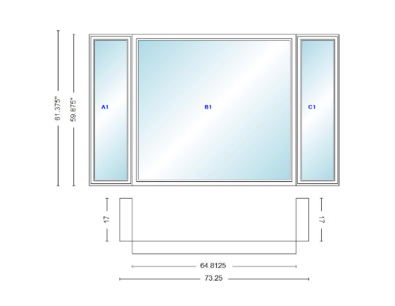 Andersen 400 Series Casement Bay Window Left-Stationary-Right 73 1/4" Wide Picture With Casement Flankers 90 Degree Angle Of Deflection Vinyl Exterior Wood Interior Low-E4 Dual Pane Argon Gas