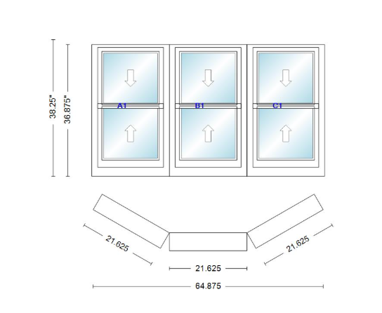 Andersen 400 Series Double Hung Bay Window 64 7/8" Wide Double Hung With Double Hung Flankers 30 Degree Angle Of Deflection Vinyl Exterior Wood Interior Low-E4 Dual Pane Argon Gas
