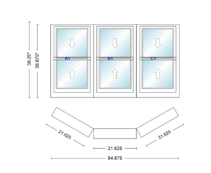 Andersen 400 Series Double Hung Bay Window 64 7/8" Wide Double Hung With Double Hung Flankers 30 Degree Angle Of Deflection Vinyl Exterior Wood Interior Low-E4 Dual Pane Argon Gas