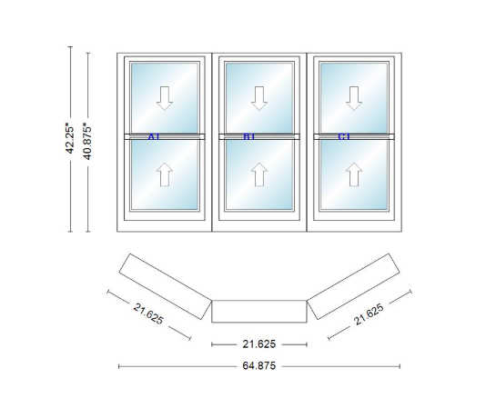 Andersen 400 Series Double Hung Bay Window 64 7/8" Wide Double Hung With Double Hung Flankers 30 Degree Angle Of Deflection Vinyl Exterior Wood Interior Low-E4 Dual Pane Argon Gas
