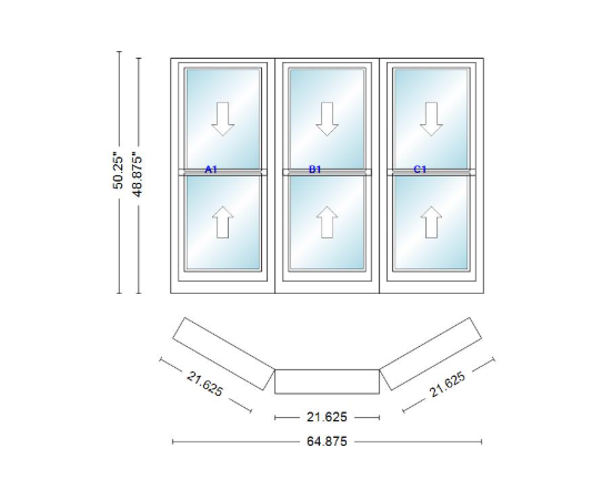Andersen 400 Series Double Hung Bay Window 64 7/8" Wide Double Hung With Double Hung Flankers 30 Degree Angle Of Deflection Vinyl Exterior Wood Interior Low-E4 Dual Pane Argon Gas
