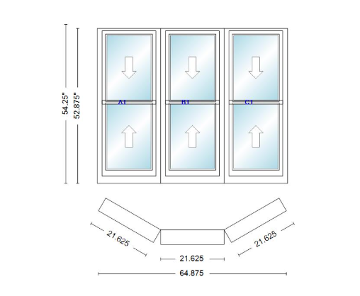 Andersen 400 Series Double Hung Bay Window 64 7/8" Wide Double Hung With Double Hung Flankers 30 Degree Angle Of Deflection Vinyl Exterior Wood Interior Low-E4 Dual Pane Argon Gas