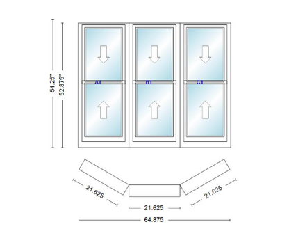 Andersen 400 Series Double Hung Bay Window 64 7/8" Wide Double Hung With Double Hung Flankers 30 Degree Angle Of Deflection Vinyl Exterior Wood Interior Low-E4 Dual Pane Argon Gas