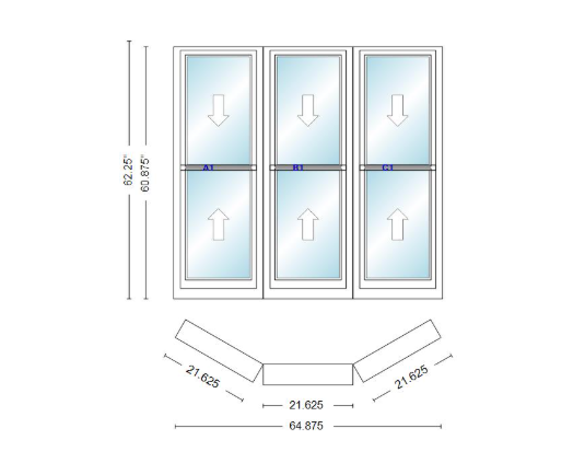 Andersen 400 Series Double Hung Bay Window 64 7/8" Wide Double Hung With Double Hung Flankers 30 Degree Angle Of Deflection Vinyl Exterior Wood Interior Low-E4 Dual Pane Argon Gas