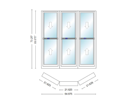 Andersen 400 Series Double Hung Bay Window 64 7/8" Wide Double Hung With Double Hung Flankers 30 Degree Angle Of Deflection Vinyl Exterior Wood Interior Low-E4 Dual Pane Argon Gas