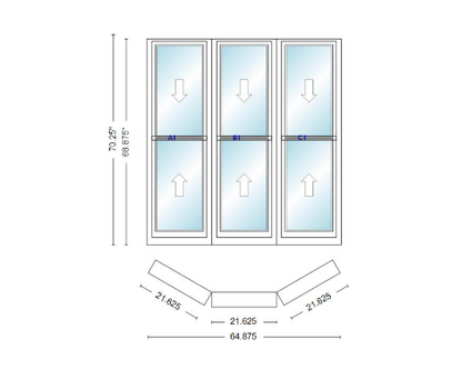 Andersen 400 Series Double Hung Bay Window 64 7/8" Wide Double Hung With Double Hung Flankers 30 Degree Angle Of Deflection Vinyl Exterior Wood Interior Low-E4 Dual Pane Argon Gas